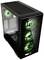 Gaming PC case with transparent side panel and four illuminated green fans. Suitable for high-performance computing.