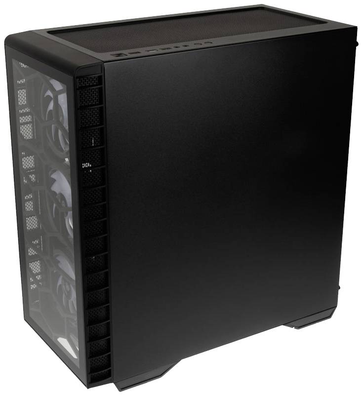 A black computer case with multiple fans on the front. Suitable for building desktop computers.