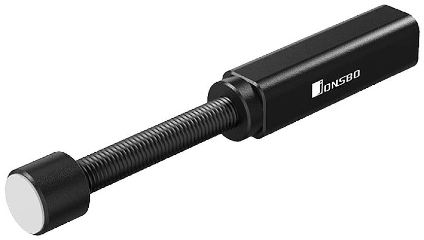 A black screw stabiliser with a round rubber head and a visibly printed brand name on the casing.