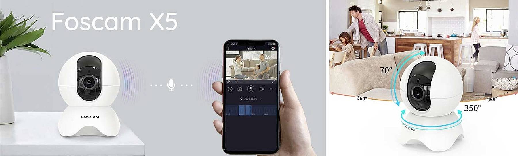 'Foscam X5' camera beside a smartphone displaying camera controls. A family is in the living room in the background. Camera has 350° rotation.