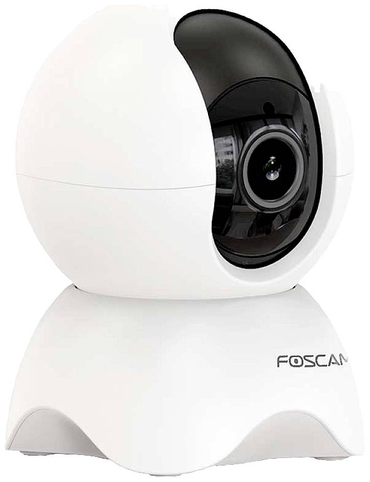 White surveillance camera by 'Foscam', spherical design, pivotable on a stable base.