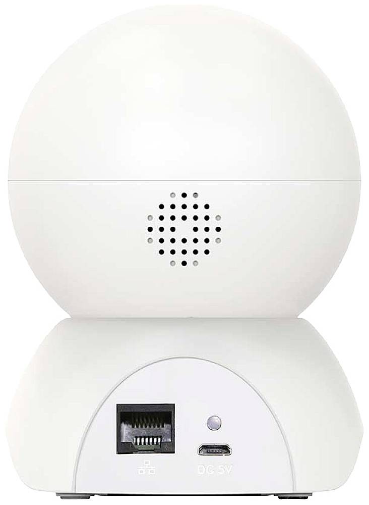 A small, white, dome-shaped security camera with Ethernet and Micro-USB ports at the rear.