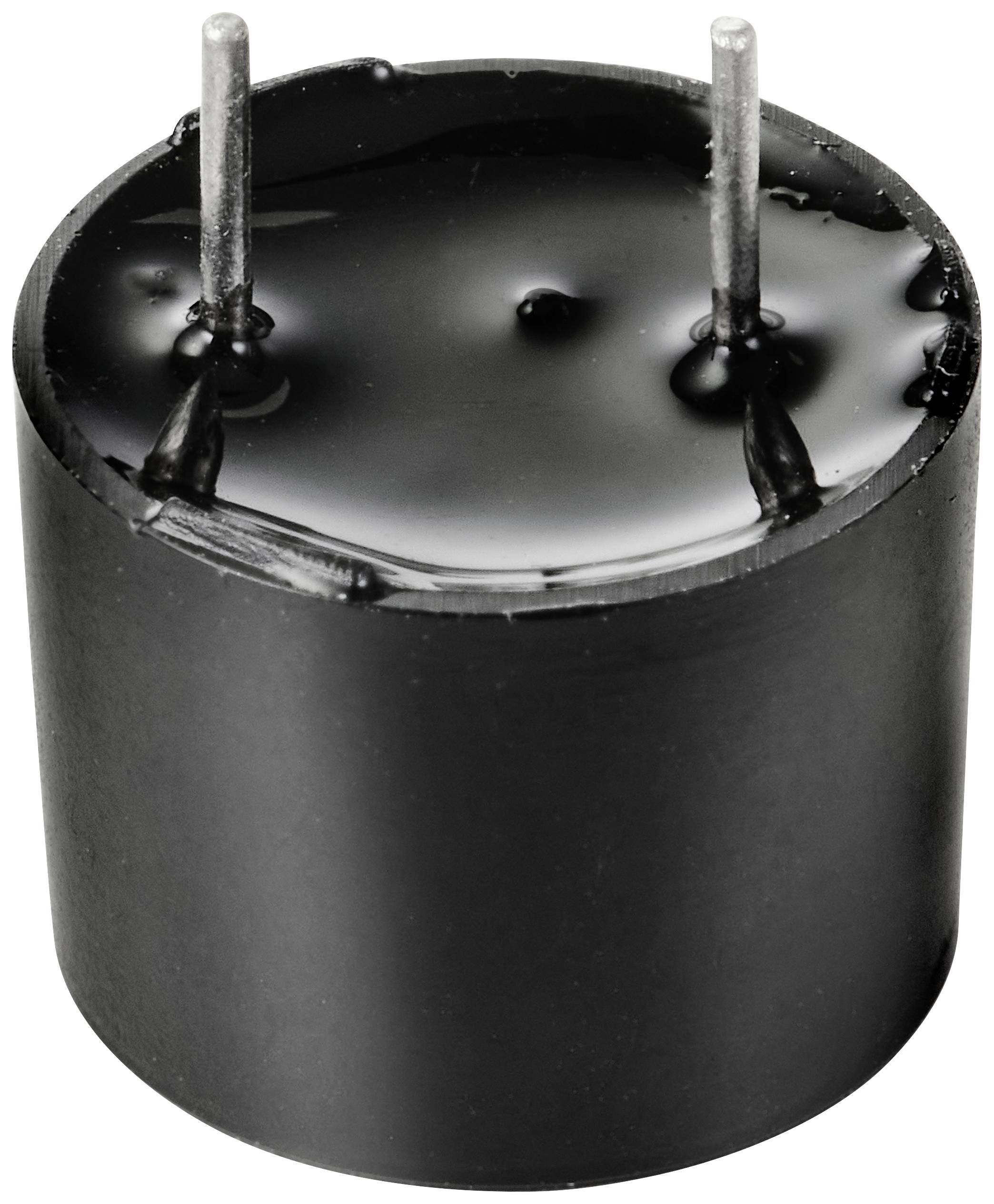 A black, round buzzer with two metal pins on the top surface, commonly used in electronic circuits for sound output.