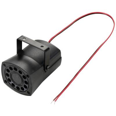A black electric buzzer with red and black cables, mountable via a metal rail.