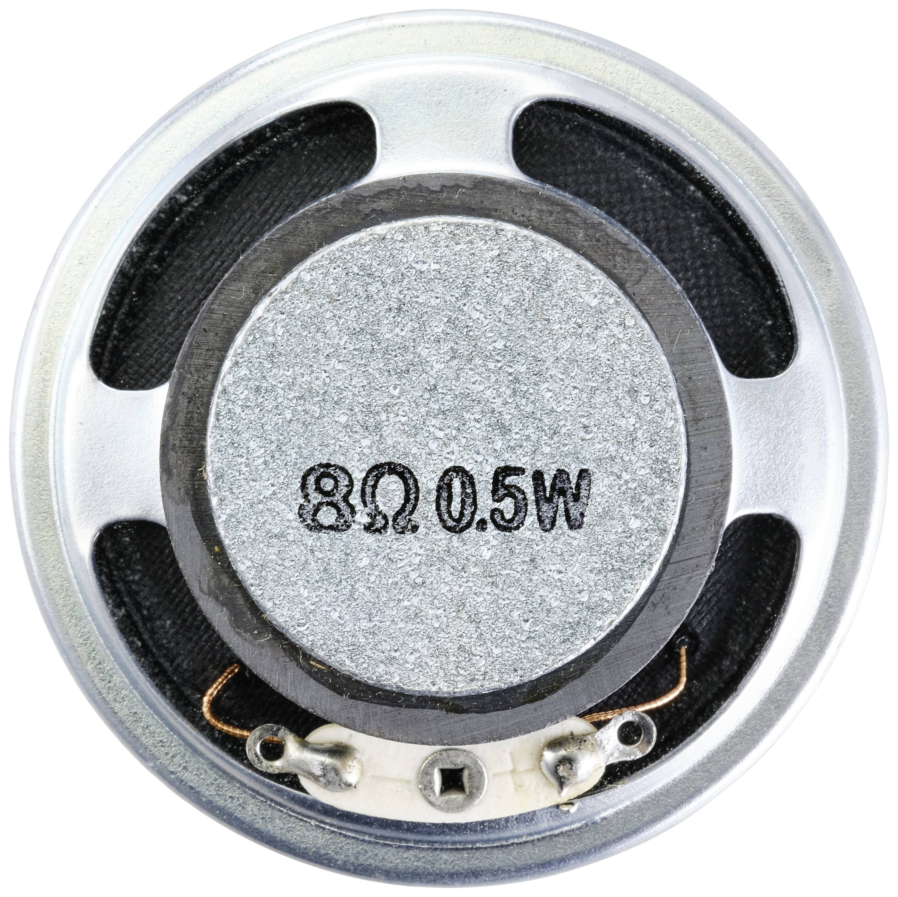 Round speaker viewed from above with '8Ω 0.5W' written on the back.