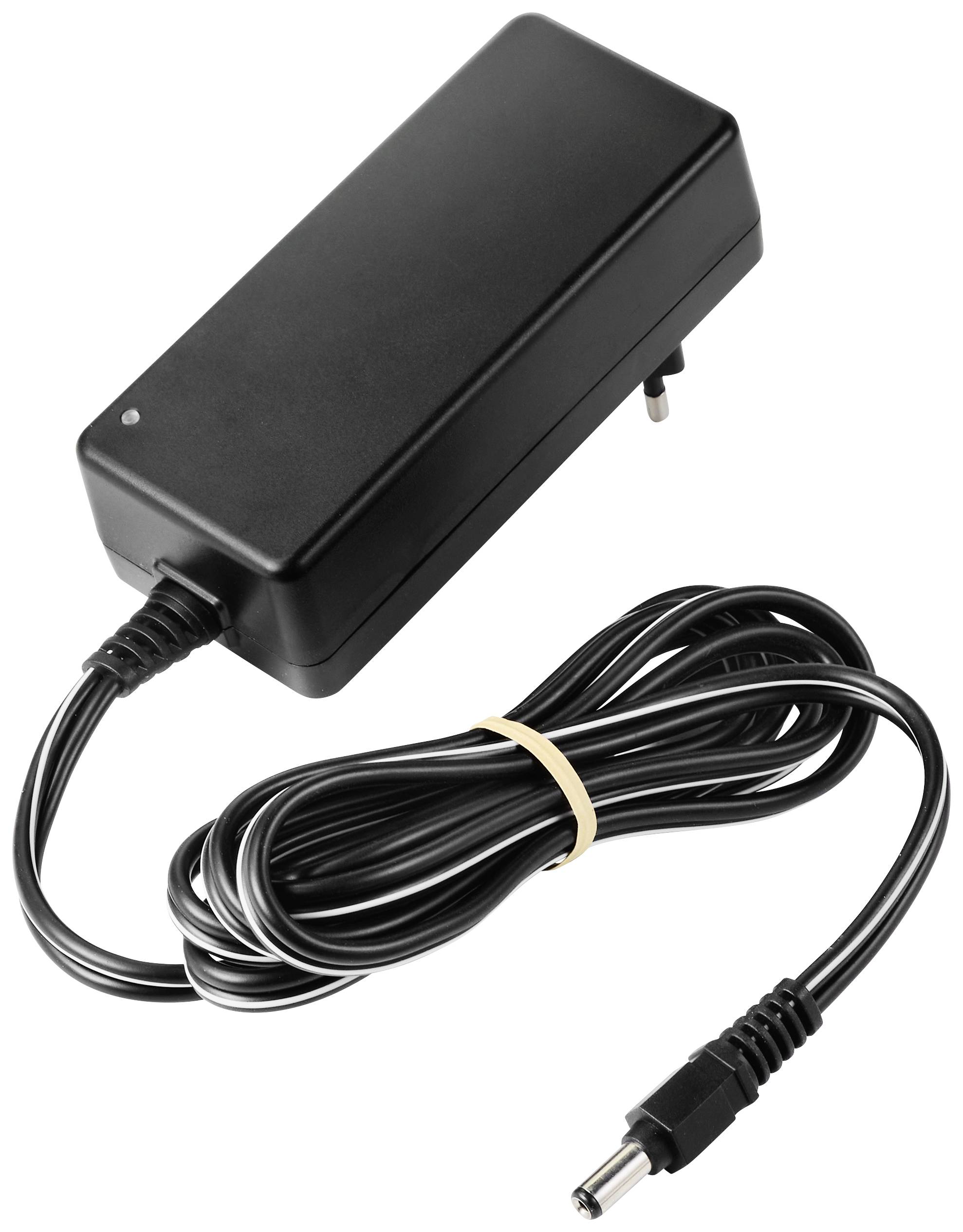 A black power adaptor with a long cable and plug, suitable for charging electronic devices.