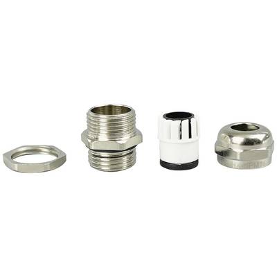 Four metal and plastic components of a cable gland set on a white background, including a union nut and seal.