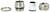 Four metal and plastic components of a cable gland system in a row: nut, seal, inner ring, housing part.