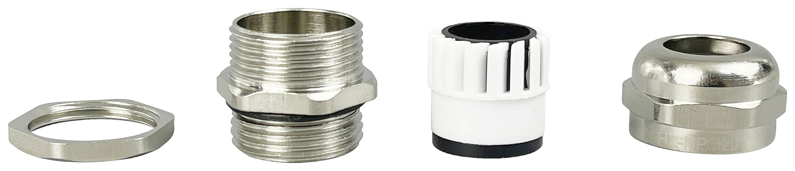 Various metal components and a plastic part lined up in a row. They are shiny and appear to be meant for assembly.