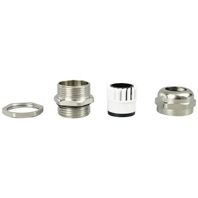 Various metal components and a plastic part lined up in a row. They are shiny and appear to be meant for assembly.
