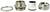 Four metallic cable gland components in a row: hexagonal nut, threaded housing, laminated insert, union nut.