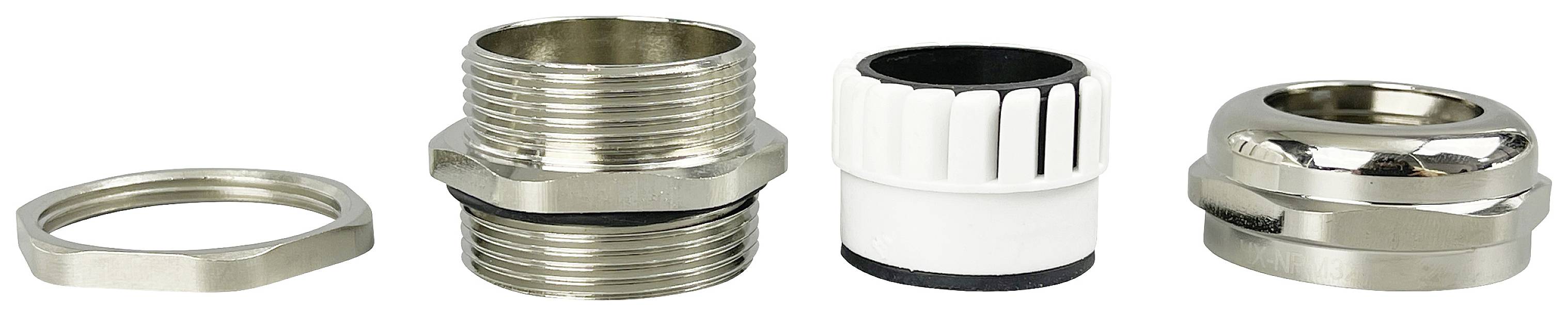 Four metal components, including a hexagonal nut, two cylindrical connectors, and a round sleeve, arranged side by side.