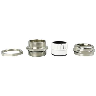Four metal components, including a hexagonal nut, two cylindrical connectors, and a round sleeve, arranged side by side.