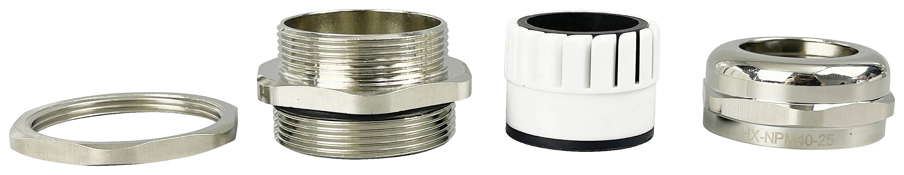 Four parts of a cable gland: a hexagon nut, a threaded piece, a sealing insert, and a gland cap.
