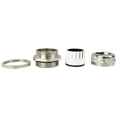 Four parts of a cable gland: a hexagon nut, a threaded piece, a sealing insert, and a gland cap.