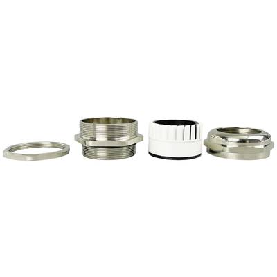 Metal connector kit in multiple components. Consists of a threaded nut, a housing with external thread, and a plastic clamp.