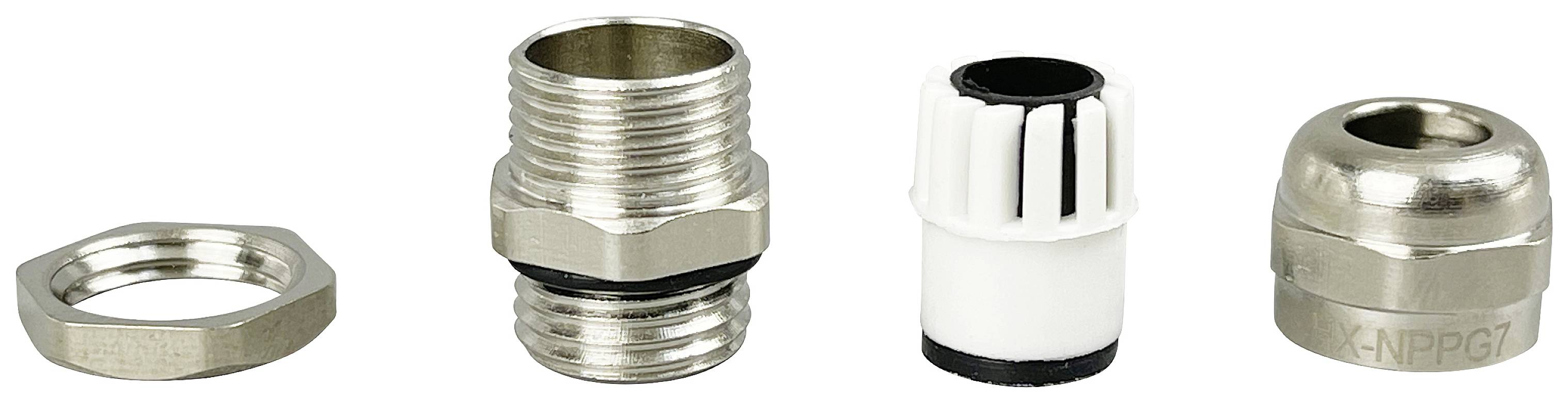 Four metal and plastic components, including a nut, a threaded fitting, a white cable gland, and a metal sleeve.