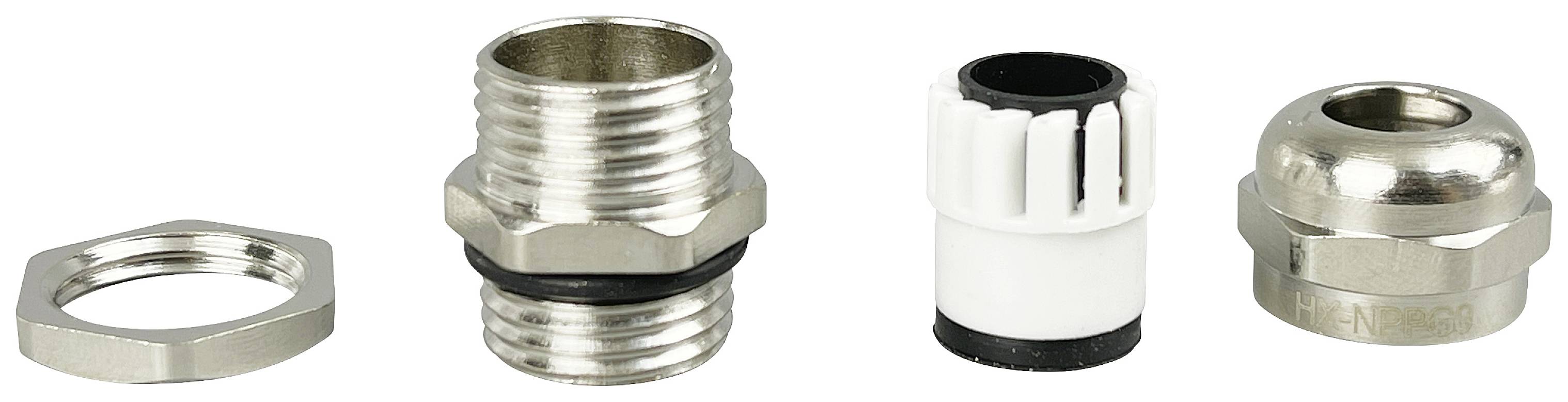 Four different cable gland components made of metal and plastic, lined up side by side against a white background.