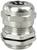 Metal cable gland with a ribbed thread, cylindrical shape, and glossy surface. Suitable for cable securing.