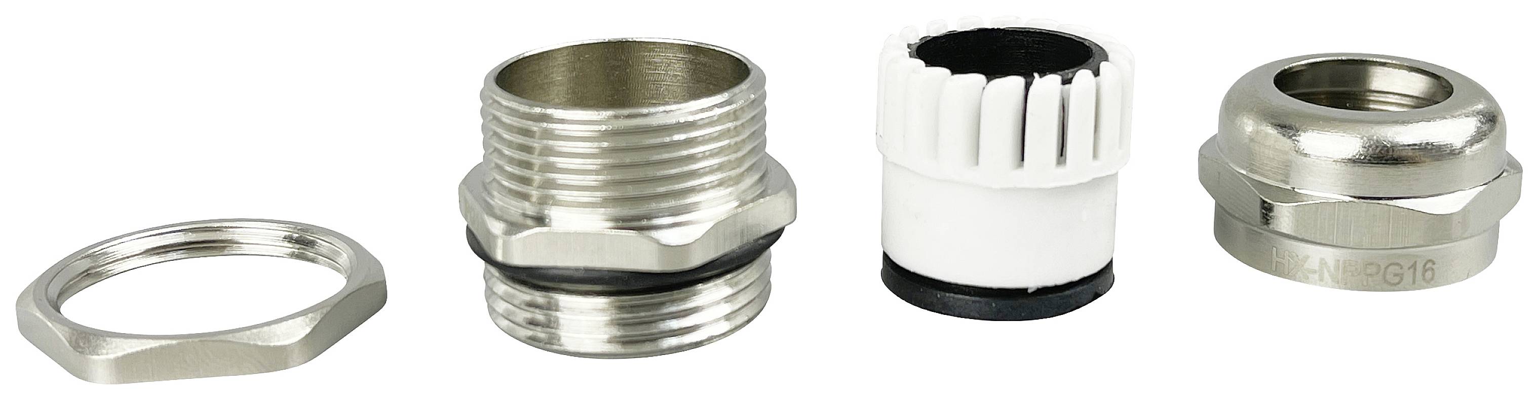 Four metal components side by side: nut, threaded piece with sealing ring, white insert, and housing. Primarily for connections.