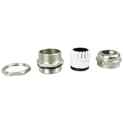 Four metal components side by side: nut, threaded piece with sealing ring, white insert, and housing. Primarily for connections.