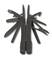 Black multi-tool with several tools unfolded, including a knife, saw, and screwdriver, on a white background.