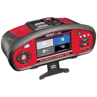 A red electronic device called 'Auto Sequence Installation Tester' with a screen and buttons for measuring electrical installations.