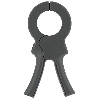 Black plastic pliers with a circular opening at the top and two handles at the bottom, used for gripping and holding objects.