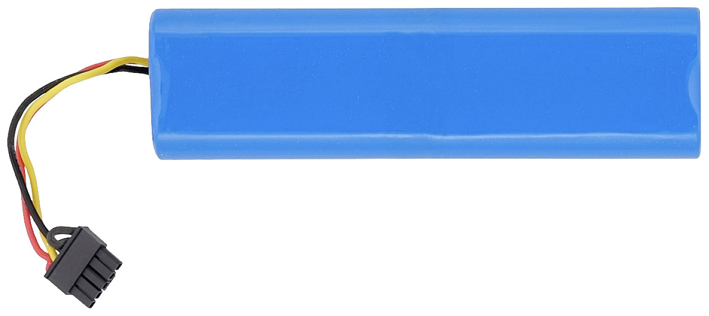 A blue lithium-ion battery with multiple colourful cables and a black connector plug.