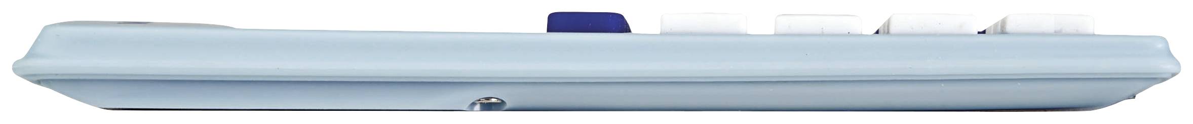 A side view of a lightweight, blue remote control with three white and one blue button, placed on a smooth surface.