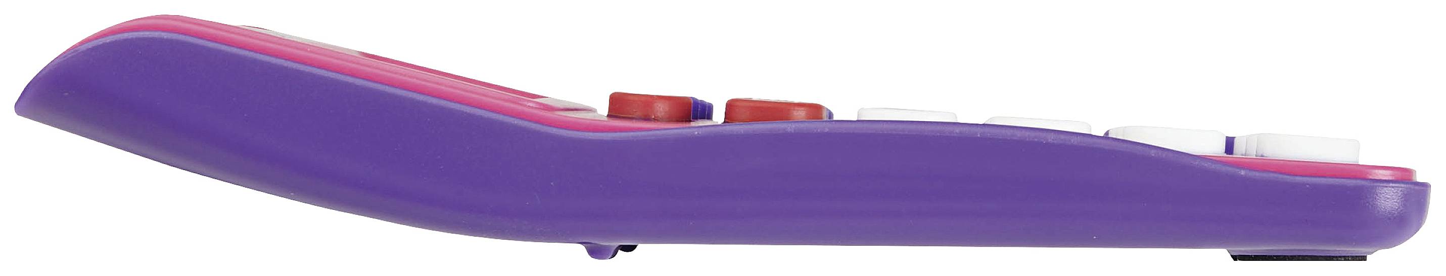 Side view of a purple remote control with white and red buttons. The top section is red.