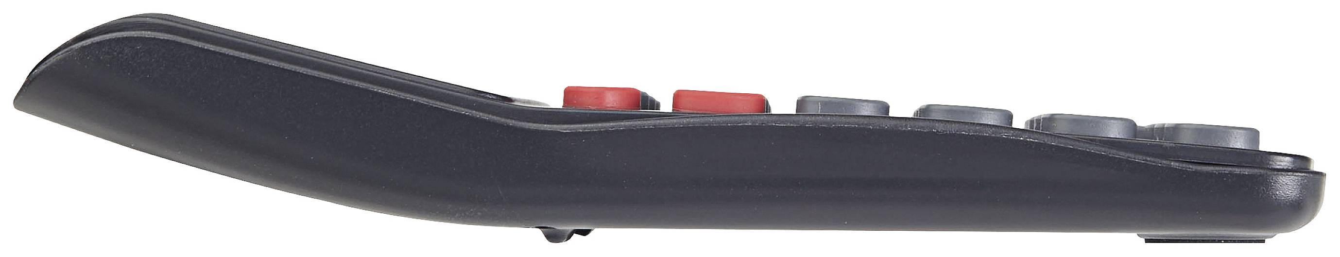 Black remote control viewed from the side, with multiple buttons in different colours visible.