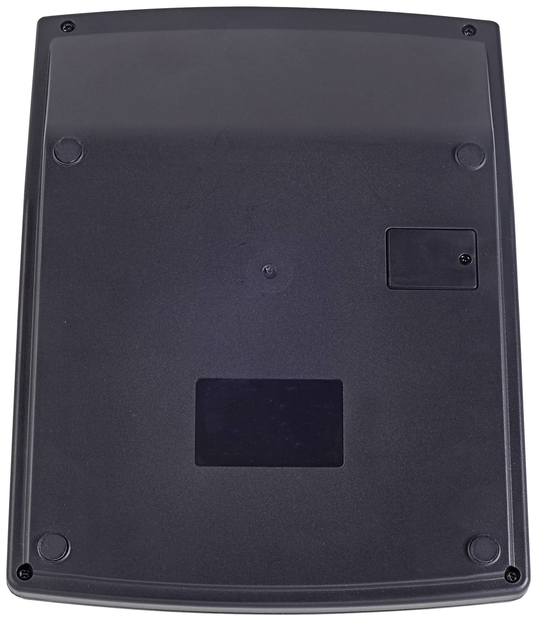 Back of an electronic device with four screws in the corners and a small access panel in the top right.