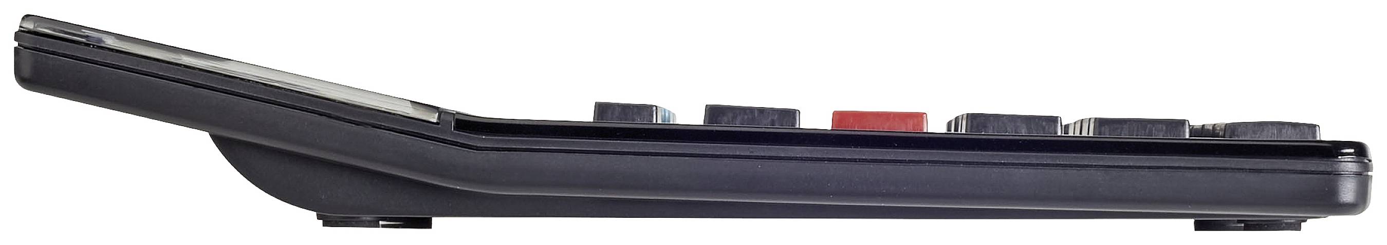 Flat, side view of a black remote control with multiple rectangular buttons in different colours.