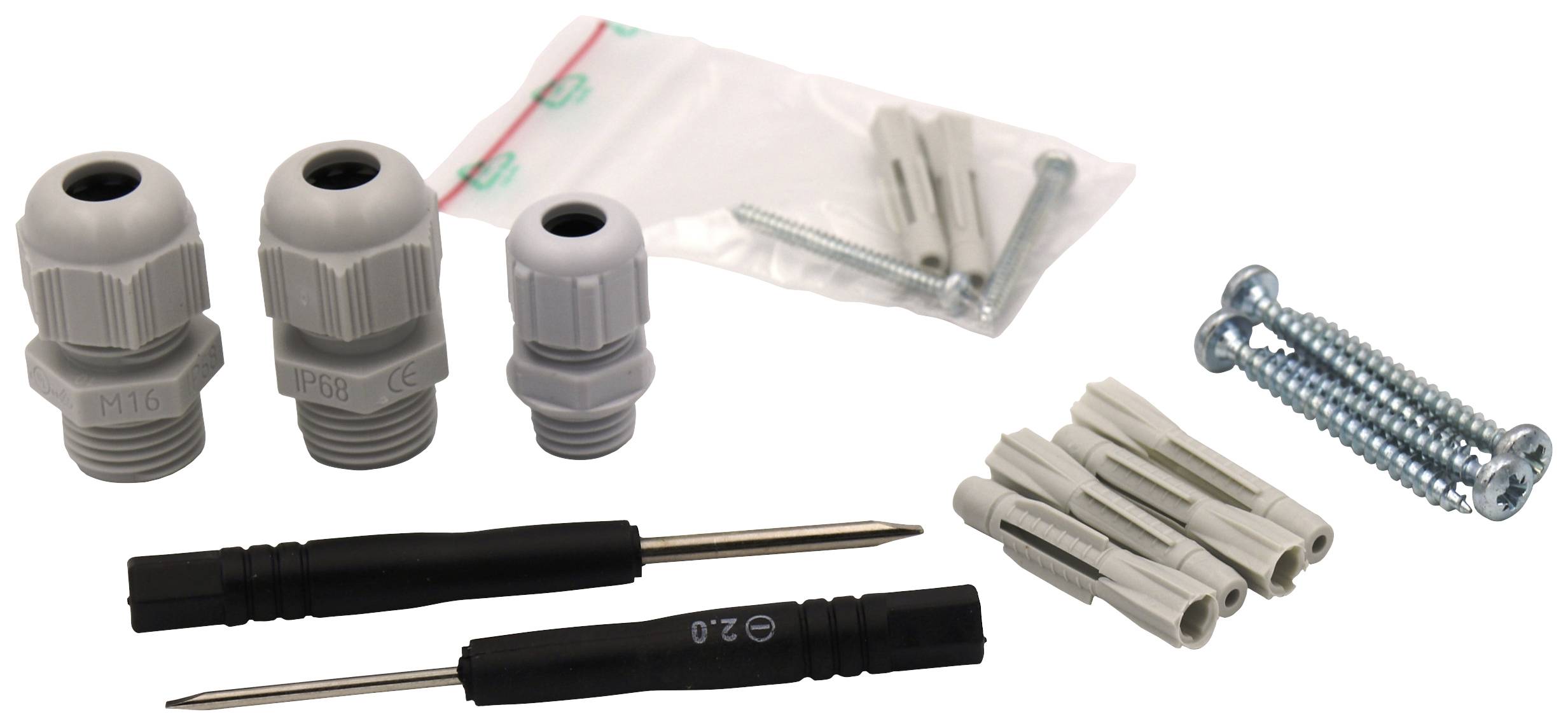 Various tools and installation materials, including screws, wall plugs and screwdrivers, on a white background.
