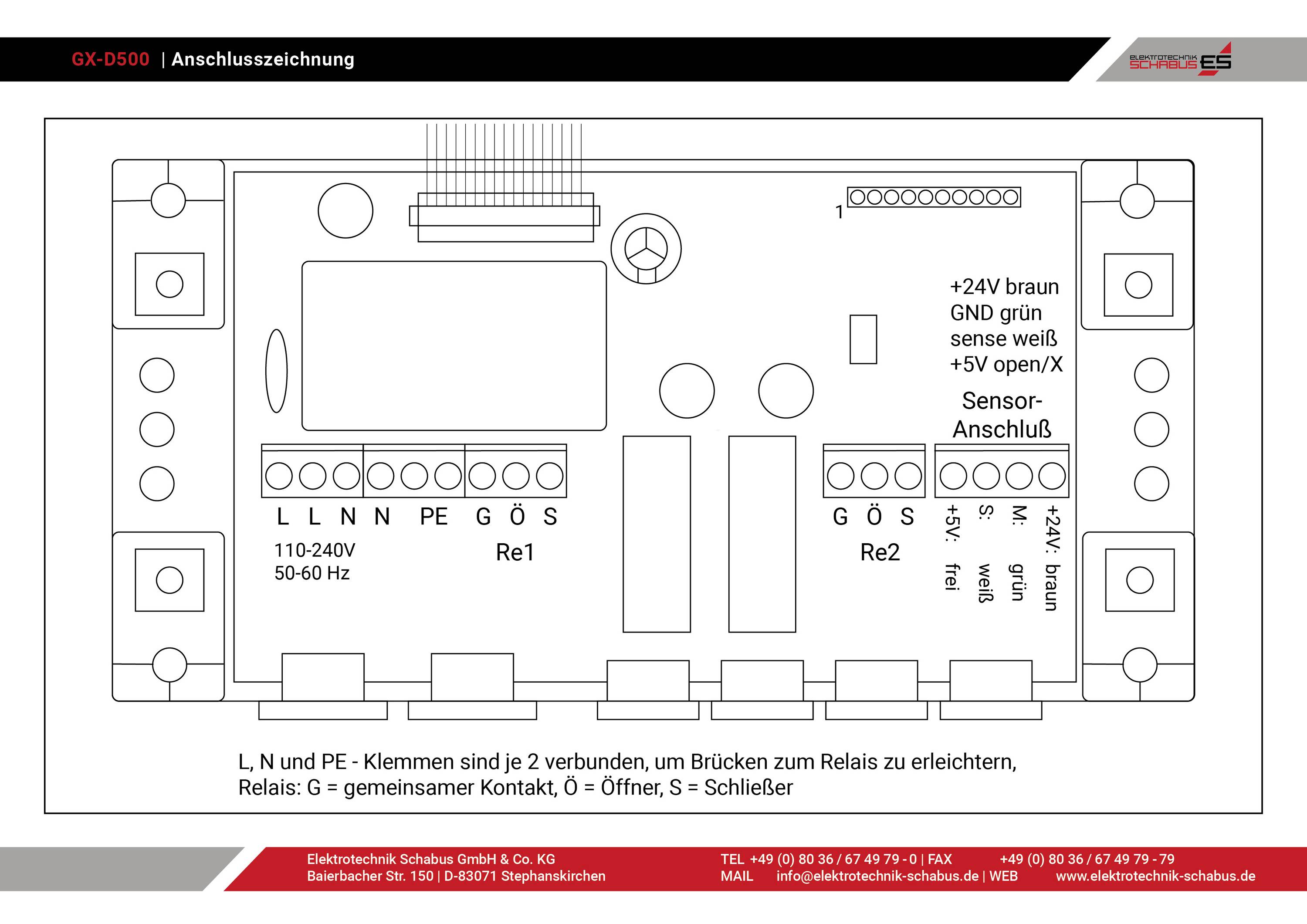 Connection diagram for an electrical control unit with marked inputs and relays. Voltage and contact details are provided.