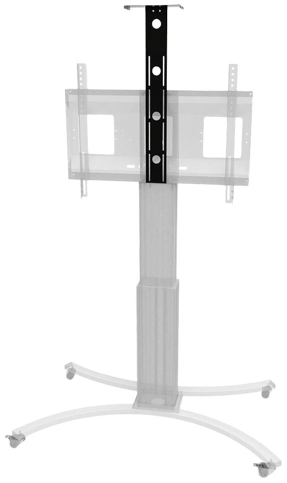 Metallic TV stand with mobile base, height-adjustable mounting, suitable for various screen sizes.