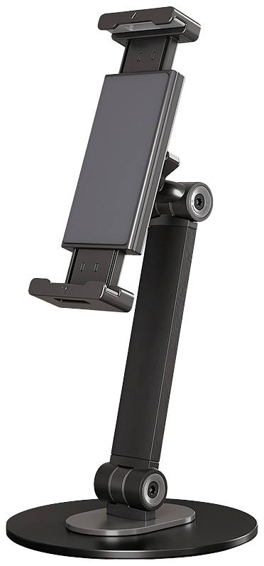 Smartphone holder with adjustable black arm and sturdy circular base. Ideal for hands-free use or presentations.
