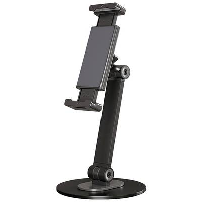 Smartphone holder with adjustable black arm and sturdy circular base. Ideal for hands-free use or presentations.