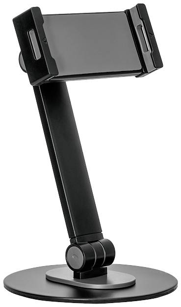 Black adjustable smartphone holder with a round base. Suitable for securely holding a device at variable height and angle.