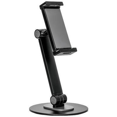 A black, adjustable stand for mobile phones, with a round base and a flexible arm that holds the device.
