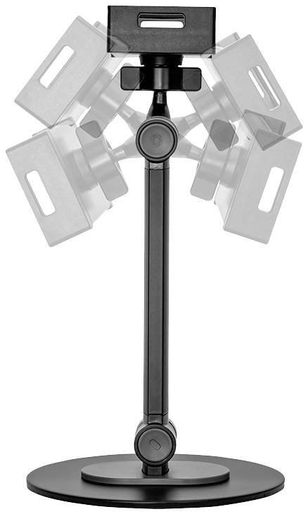 An adjustable, rotatable stand shows various positions of a mounted device. Used for flexible orientations.