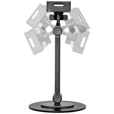 An adjustable, rotatable stand shows various positions of a mounted device. Used for flexible orientations.