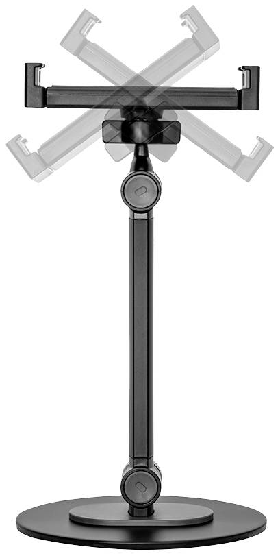 A height-adjustable tablet stand made of black metal, featuring a rotatable and height-adjustable arm mounted on a circular base.