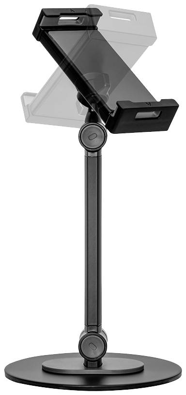 A tablet stand with an adjustable mounting arm and circular base, shown in two positions: tilted forwards and backwards.