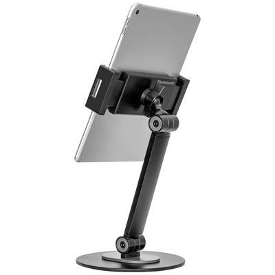 A tablet sits in a black, adjustable mount with a stable base, suitable for desks or work surfaces.