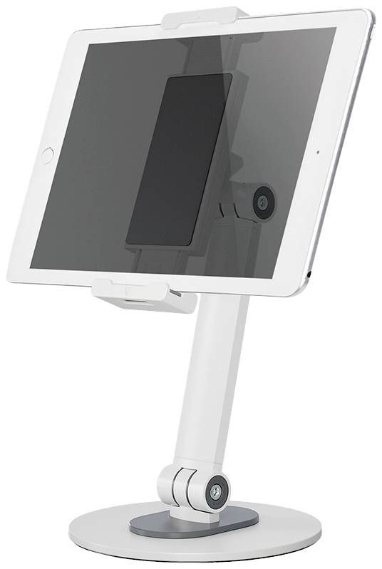 A tablet is secured in a vertical mount. It is positioned on a table and slightly tilted backwards to provide a better view.