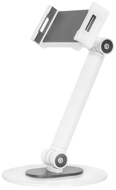 White, adjustable tablet holder with rotating arm and non-slip base for stable positioning on flat surfaces.