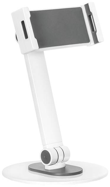 A white tablet or smartphone holder with an adjustable arm and rotating mount on a circular base.