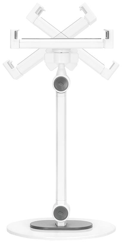 A height-adjustable, white tablet stand with a rotatable head and sturdy base, perfect for flexible tablet positioning.
